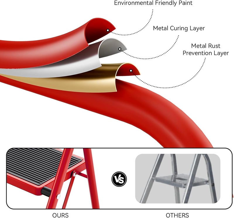 KINGRACK Step Ladder, Folding Ladder with Non-Slip and Wide Pedal, Small Ladders with Handle, Heavy Duty Steel Ladder, Lightweight Step Ladder (Red, 4 Step Ladder) - Image 5